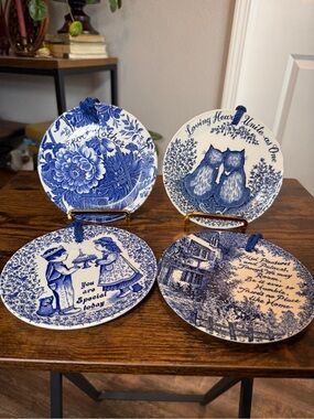 4 Vintage Royal Crownford Blue & White Ironstone Wall Plates - Staffordshire